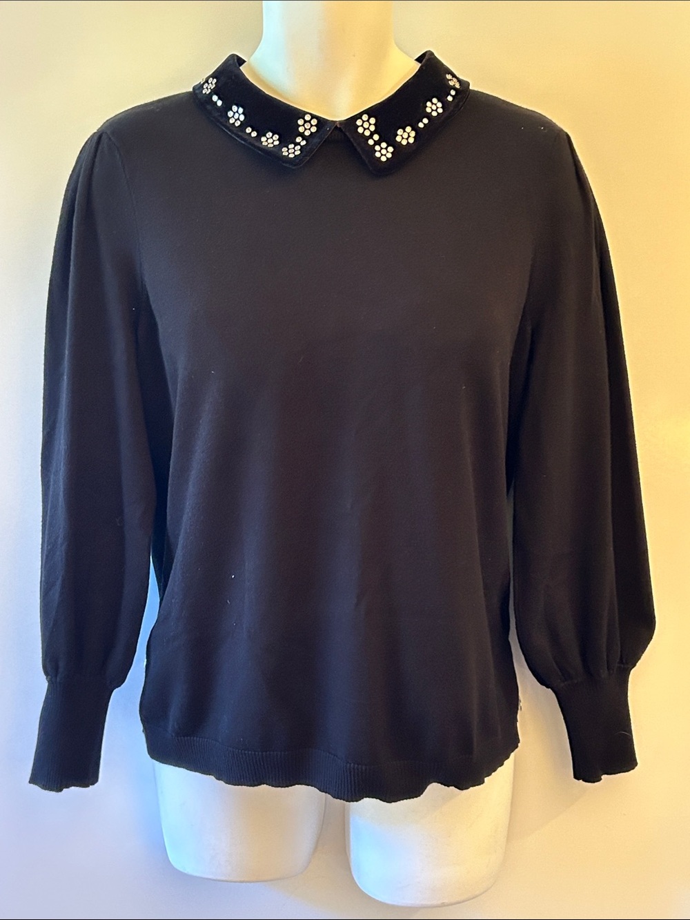 Adrianna Papell SZ L Black Sweater Velvet Studded Collar Classic Dressy Career